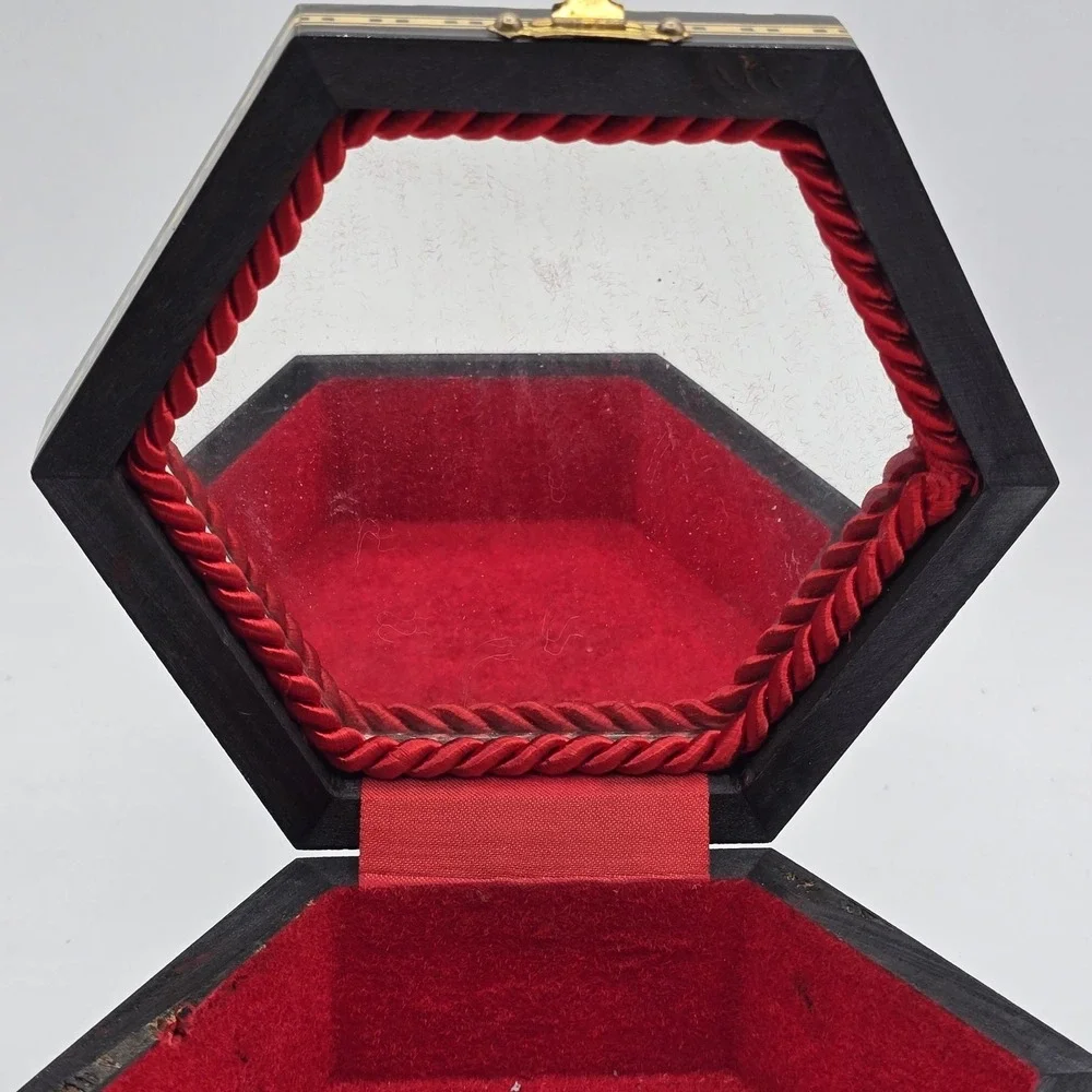 Vintage Moroccan Inlay‎ Wood Jewelry Box Geometric Marquetry Hexagon